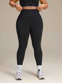 SHEIN Rhythm Era Women's Plus Size Solid Color High Waist Daily Fitness Sports Leggings - Black - View 5