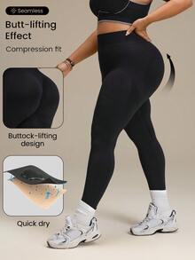SHEIN Rhythm Era Women's Plus Size Solid Color High Waist Daily Fitness Sports Leggings - Black - View 1