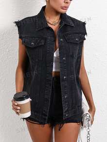 Flexra Plus Size Women's Single-Breasted Casual Frayed Hem Tassel Denim Vest - Black - View 1