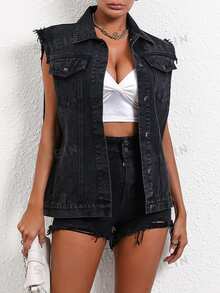 Flexra Plus Size Women's Single-Breasted Casual Frayed Hem Tassel Denim Vest - Black - View 3