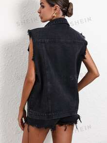 Flexra Plus Size Women's Single-Breasted Casual Frayed Hem Tassel Denim Vest - Black - View 2