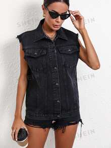 Flexra Plus Size Women's Single-Breasted Casual Frayed Hem Tassel Denim Vest - Black - View 4