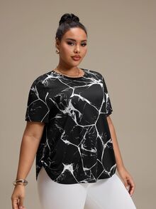 SHEIN Rhythm Era 女款大尺碼運動瑜伽戶外健身短袖T恤，提花布料，前後曲擺，側面扭轉下擺，黑色夏季款 - 彩色 - 查看 6