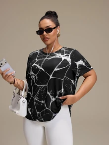 SHEIN Rhythm Era 女款大尺碼運動瑜伽戶外健身短袖T恤，提花布料，前後曲擺，側面扭轉下擺，黑色夏季款 - 彩色 - 查看 7