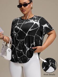 SHEIN Rhythm Era 女款大尺碼運動瑜伽戶外健身短袖T恤，提花布料，前後曲擺，側面扭轉下擺，黑色夏季款 - 彩色 - 查看 9