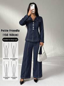 SHEIN PETITE 時尚海軍藍條紋套裝，適合嬌小女性，適用於工作或休閒穿著 - 藏蓝色 - 查看 4