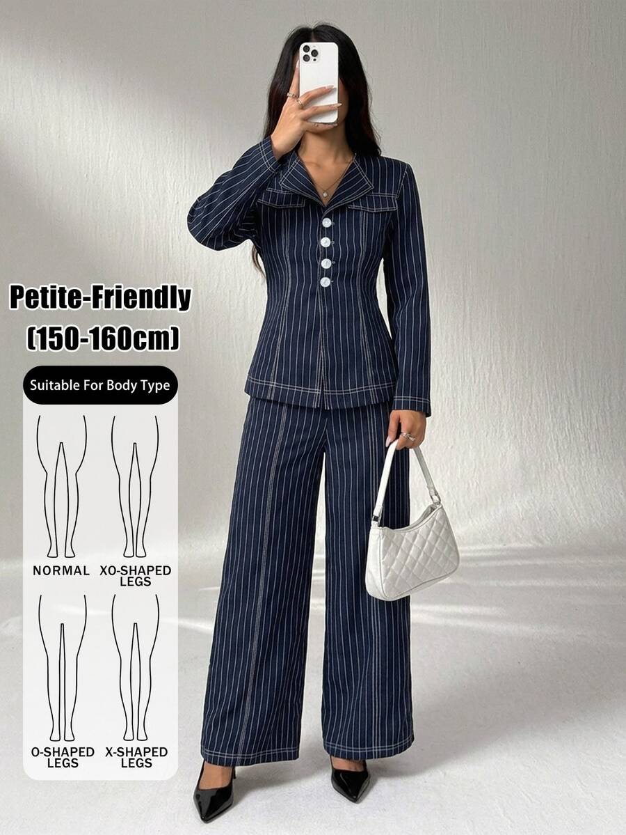 SHEIN PETITE Stylish Navy Blue Striped Suit Set For Petite Women-Suitable For Work Or Casual Wear. - Navy Blue - View 1