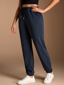 SHEIN BASICS 女款純色抽繩腰休閒運動風慢跑束口運動褲 居家健身海軍藍夏季款 - 藏蓝色 - 查看 7
