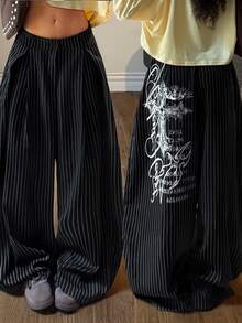 Muchica Celana Panjang Wanita Model Lengkung dengan Motif Salib dan Slogan Garis Hitam - Hitam - View 9