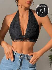 Snug Zone Women's Elegant Lace Halter Backless Bralette Multicolor Contrast Lace Bra Top - Multicolor - View 3