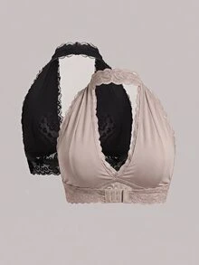 Snug Zone Women's Elegant Lace Halter Backless Bralette Multicolor Contrast Lace Bra Top - Multicolor - View 2