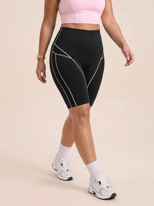 SHEIN Rhythm Era Plus Contrast Top-Stitching Sports Shorts - Black - View 4