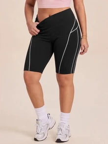 SHEIN Rhythm Era Plus Contrast Top-Stitching Sports Shorts - Black - View 6
