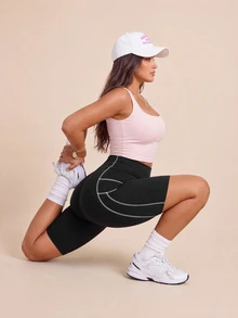 SHEIN Rhythm Era Plus Contrast Top-Stitching Sports Shorts - Black - View 3