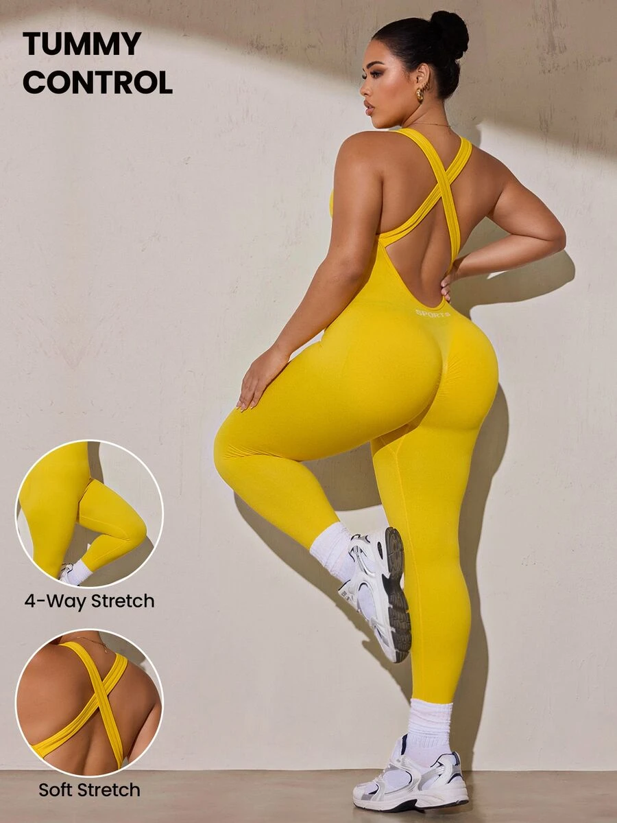 SHEIN Rhythm Era Women's Plus Size Solid Color Backless Fitted Sports Jumpsuit - Yellow - View 1