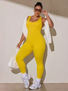 SHEIN Rhythm Era Women's Plus Size Solid Color Backless Fitted Sports Jumpsuit - Yellow - View 7