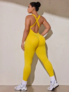 SHEIN Rhythm Era Women's Plus Size Solid Color Backless Fitted Sports Jumpsuit - Yellow - View 4