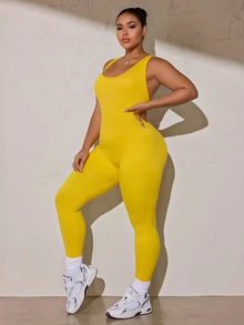 SHEIN Rhythm Era Women's Plus Size Solid Color Backless Fitted Sports Jumpsuit - Yellow - View 5