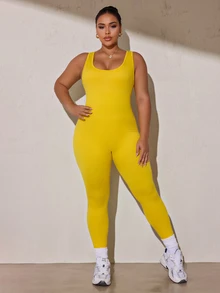 SHEIN Rhythm Era Women's Plus Size Solid Color Backless Fitted Sports Jumpsuit - Yellow - View 2