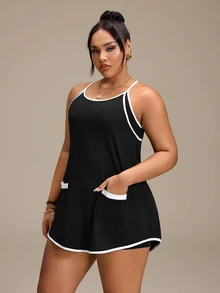 SHEIN Rhythm Era Women's Plus Size Colorblock Spaghetti Strap Sports Dress And Shorts Set - Black - View 6