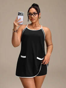 SHEIN Rhythm Era Women's Plus Size Colorblock Spaghetti Strap Sports Dress And Shorts Set - Black - View 3