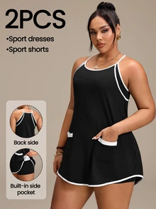 SHEIN Rhythm Era Women's Plus Size Colorblock Spaghetti Strap Sports Dress And Shorts Set - Black - View 1