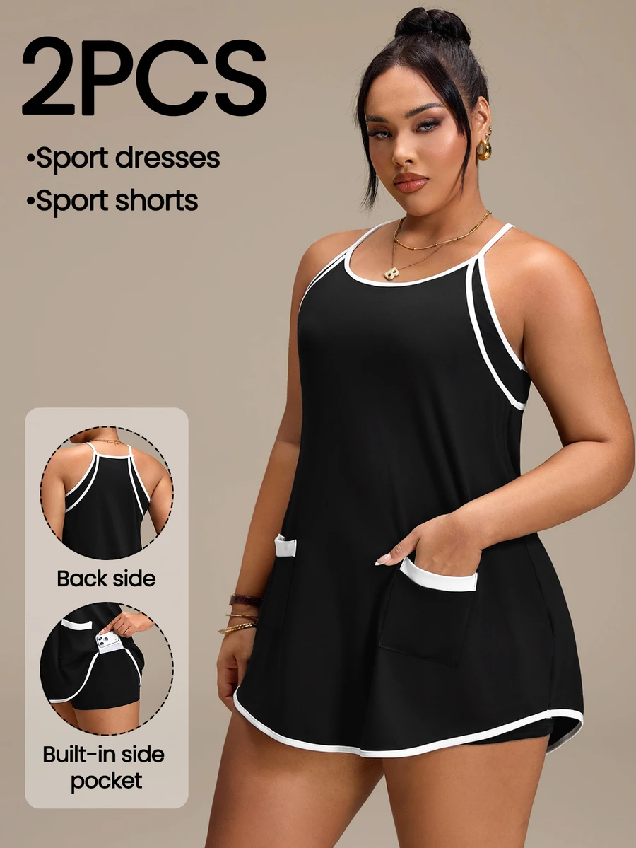 SHEIN Rhythm Era Women's Plus Size Colorblock Spaghetti Strap Sports Dress And Shorts Set - Black - View 1