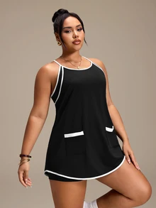 SHEIN Rhythm Era Women's Plus Size Colorblock Spaghetti Strap Sports Dress And Shorts Set - Black - View 5