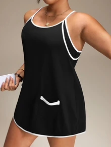 SHEIN Rhythm Era Women's Plus Size Colorblock Spaghetti Strap Sports Dress And Shorts Set - Black - View 4