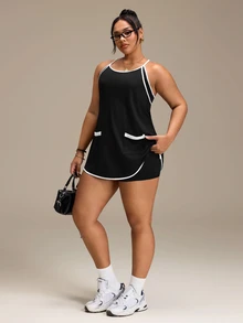 SHEIN Rhythm Era Women's Plus Size Colorblock Spaghetti Strap Sports Dress And Shorts Set - Black - View 7