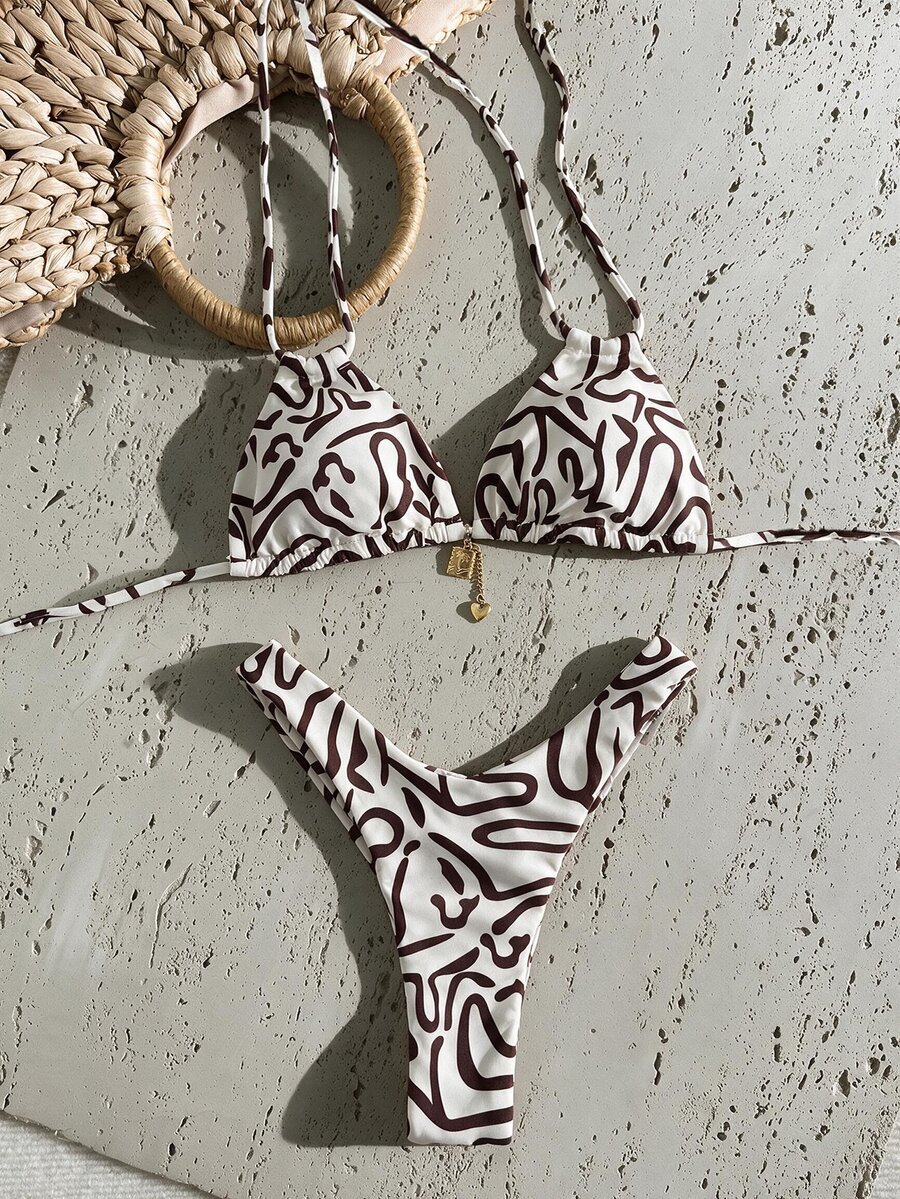 Swim Vcay 女款夏季海灘穿搭 隨機印花雙肩帶金屬裝飾高衩性感比基尼套裝 - 彩色 - 查看 1