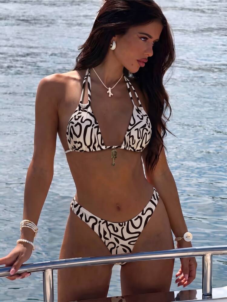 Swim Vcay Women's Summer Beach Outfit Random Print Double Strap Metal Decor High Cut Sexy Bikini Set - Multicolor - View 1