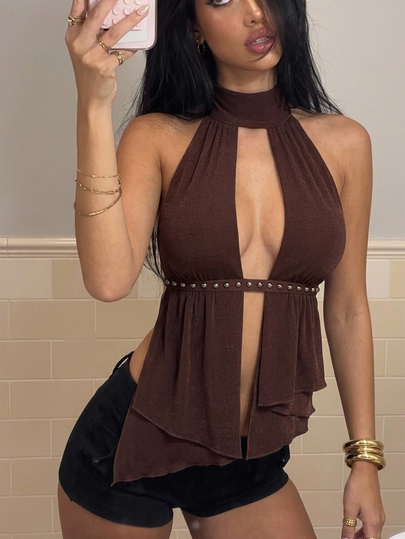 Aloruh Music Festival Hot Sexy Inner Wear New Style All Season Halter Neck Backless Asymmetrical Hem Webbing Patchwork Sexy Women's Tank Top