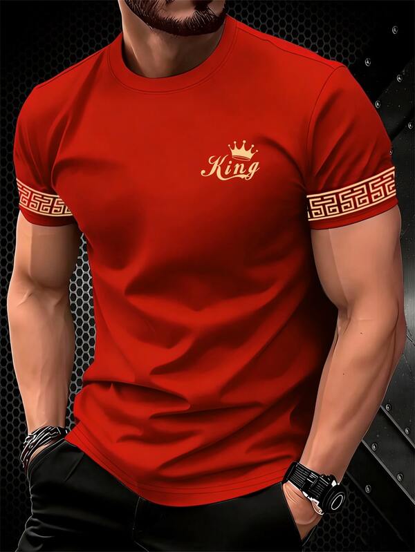 Manfinity Homme Classic Versatile Red Men's Short Sleeve T-Shirt, Gold "King" Icon Sleeve Cuff Floral Design, Mature Cool Street Style