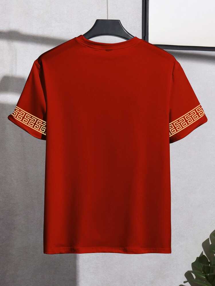 Manfinity Homme 经典百搭红色男士短袖T恤，金色“国王”图标袖口花卉设计，成熟酷炫街头风 - 彩色 - 查看 2