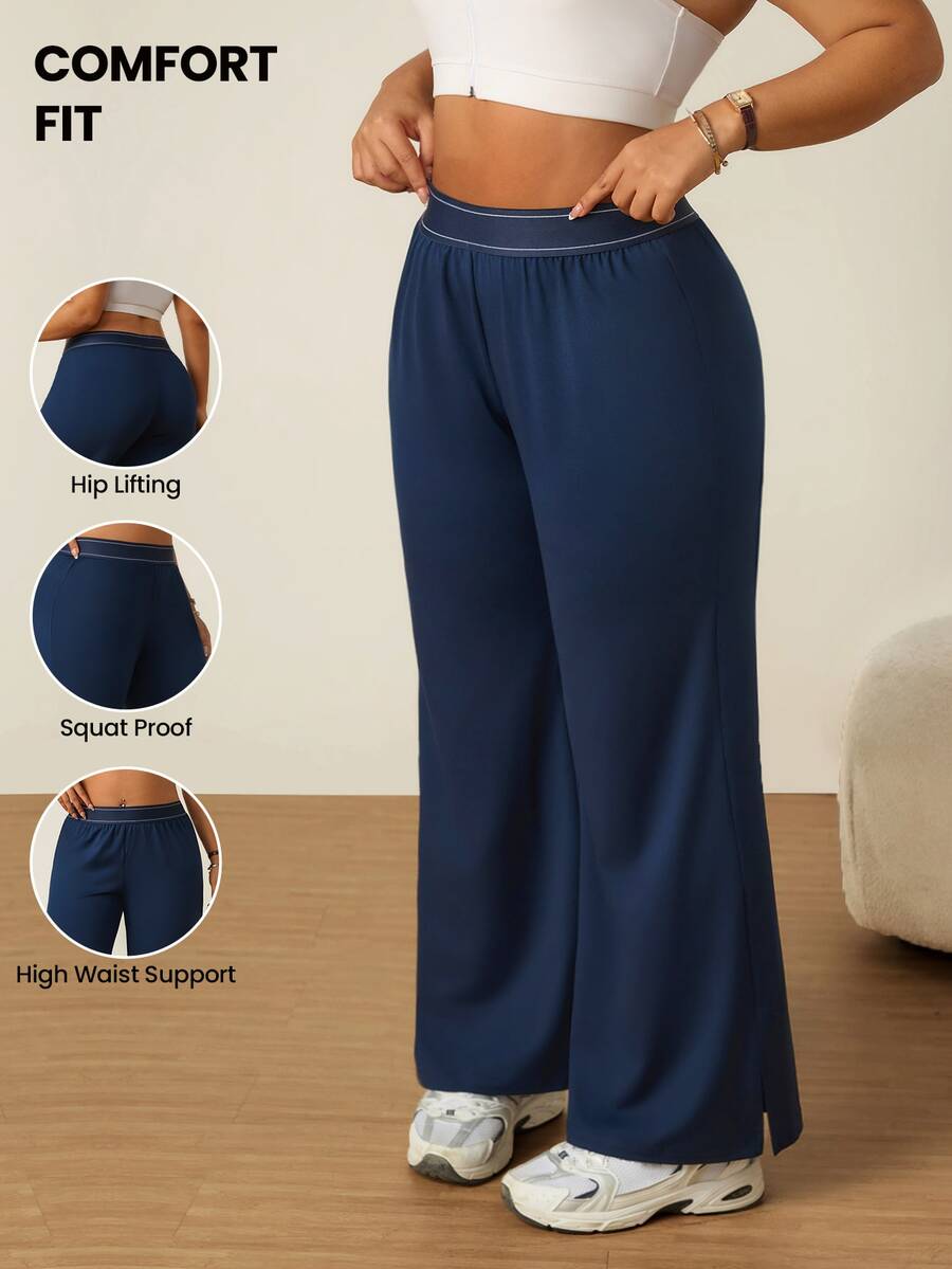 SHEIN Rhythm Era Casual Versatile Navy Blue High Elastic Webbing Side Slit Design Comfortable Slimming Sports Long Pants - Navy Blue - View 1
