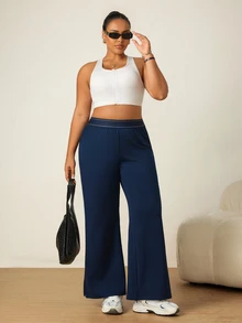 SHEIN Rhythm Era Casual Versatile Navy Blue High Elastic Webbing Side Slit Design Comfortable Slimming Sports Long Pants - Navy Blue - View 6