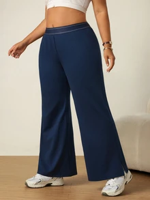SHEIN Rhythm Era Casual Versatile Navy Blue High Elastic Webbing Side Slit Design Comfortable Slimming Sports Long Pants - Navy Blue - View 4