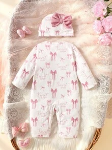 SHEIN 2件組新生女嬰連身衣與髮帶套裝，可愛公主風粉色蝴蝶結緞帶印花，長袖圓領，拍照道具，秋季保暖芭蕾甜美風 - 白色 - 查看 4