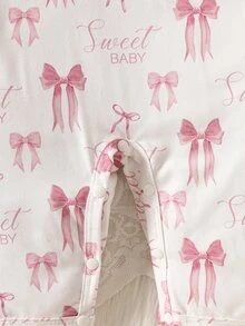 SHEIN 2件組新生女嬰連身衣與髮帶套裝，可愛公主風粉色蝴蝶結緞帶印花，長袖圓領，拍照道具，秋季保暖芭蕾甜美風 - 白色 - 查看 6