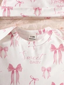 SHEIN 2件組新生女嬰連身衣與髮帶套裝，可愛公主風粉色蝴蝶結緞帶印花，長袖圓領，拍照道具，秋季保暖芭蕾甜美風 - 白色 - 查看 7