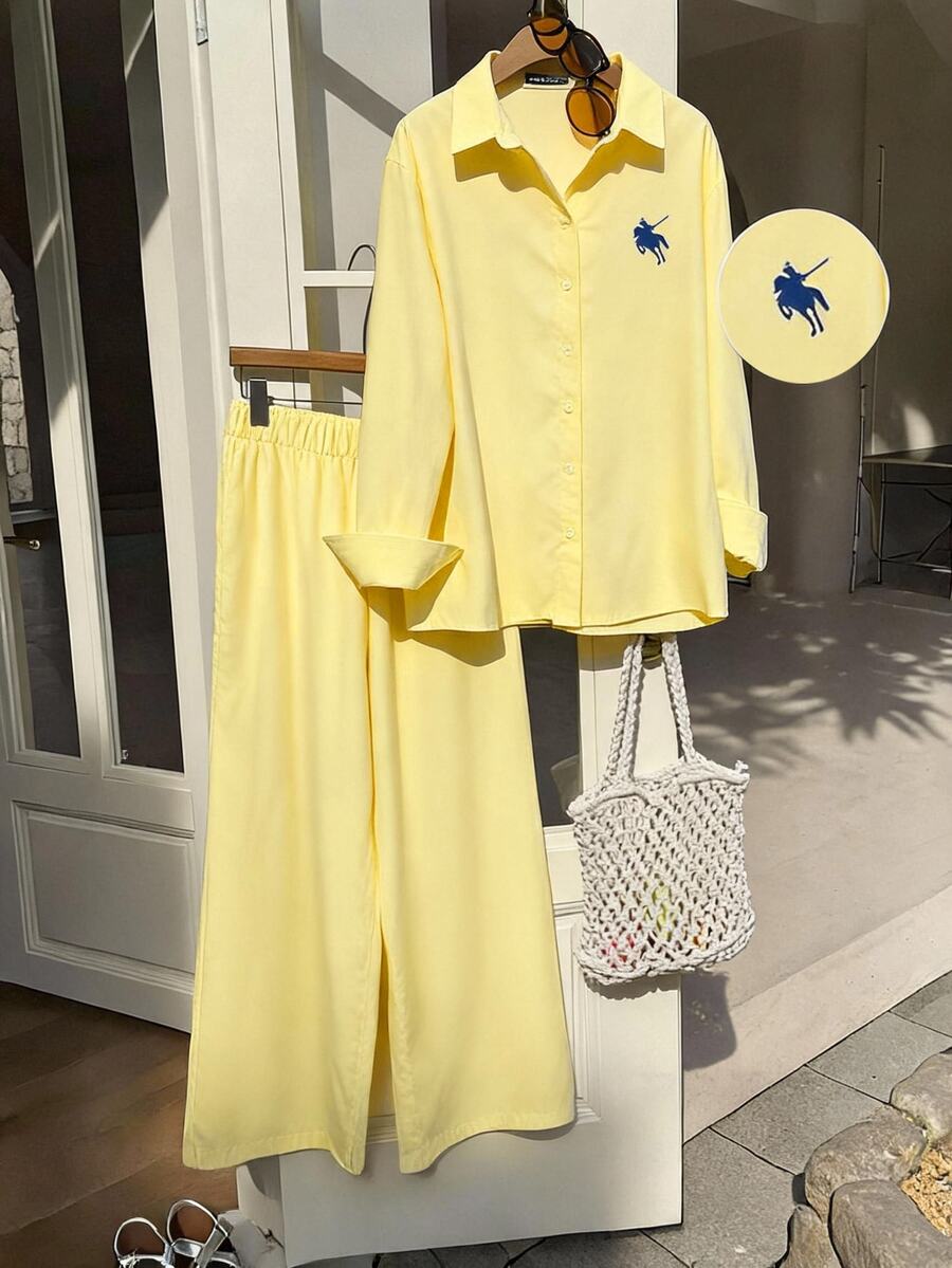 Comfortcana Plus Size Women's Equestrian Print Single-Breasted Shirt And Pants Casual Set - Yellow - View 1