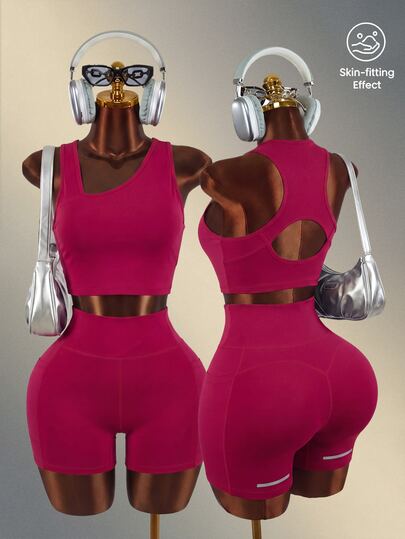 Mistrie 2pcs Set/Regular Fit/V-Neck+Hollow Out+Waist-Cinching+Butt-Lifting Design/Basic Style/Rose Red/Sports Set+Fitness/Yoga