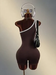 Mistrie رومبر نسائي كاجوال يومي للسفر والرياضة بتصميم كتف واحد وألوان متباينة - قهوة بني - مشاهدة 2