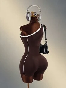 Mistrie رومبر نسائي كاجوال يومي للسفر والرياضة بتصميم كتف واحد وألوان متباينة - قهوة بني - مشاهدة 9