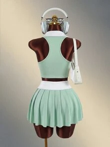 Mistrie Women's Colorblock Cropped Collar Sports Tank Top - Green - View 2