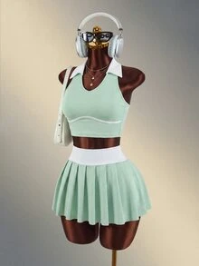 Mistrie Women's Colorblock Cropped Collar Sports Tank Top - Green - View 7