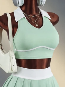 Mistrie Women's Colorblock Cropped Collar Sports Tank Top - Green - View 5