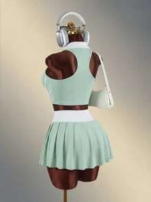 Mistrie Women's Colorblock Cropped Collar Sports Tank Top - Green - View 9