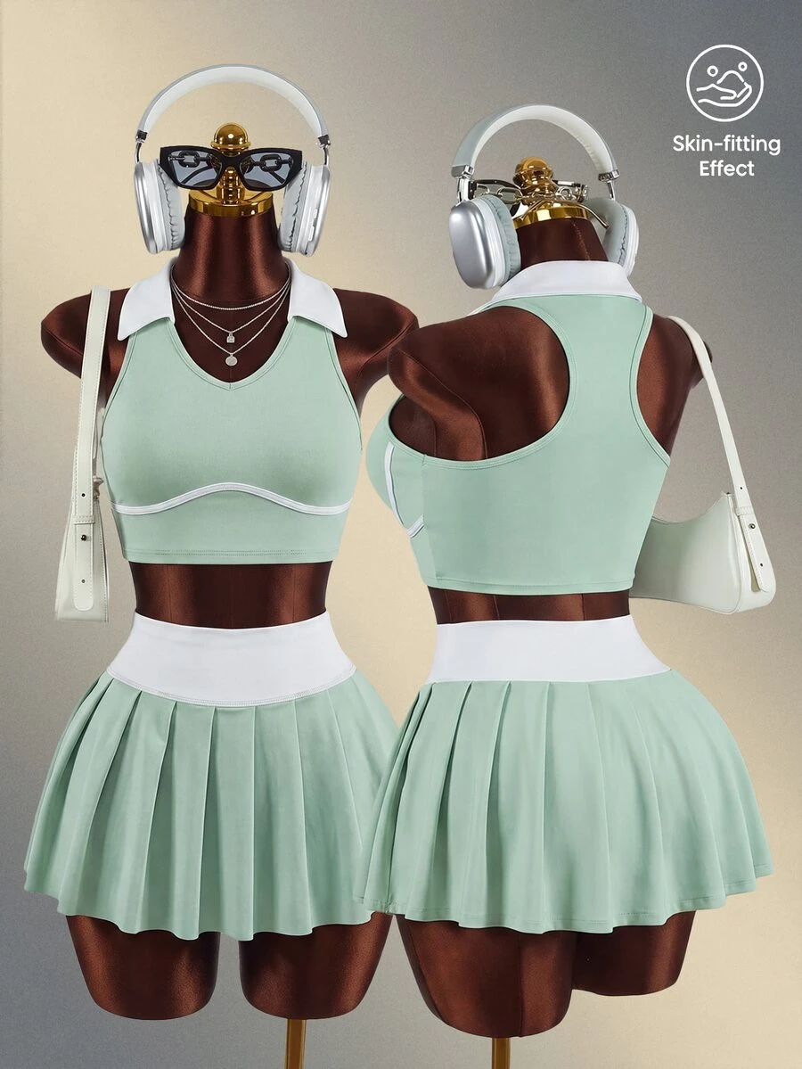 Mistrie Women's Colorblock Cropped Collar Sports Tank Top - Green - View 1